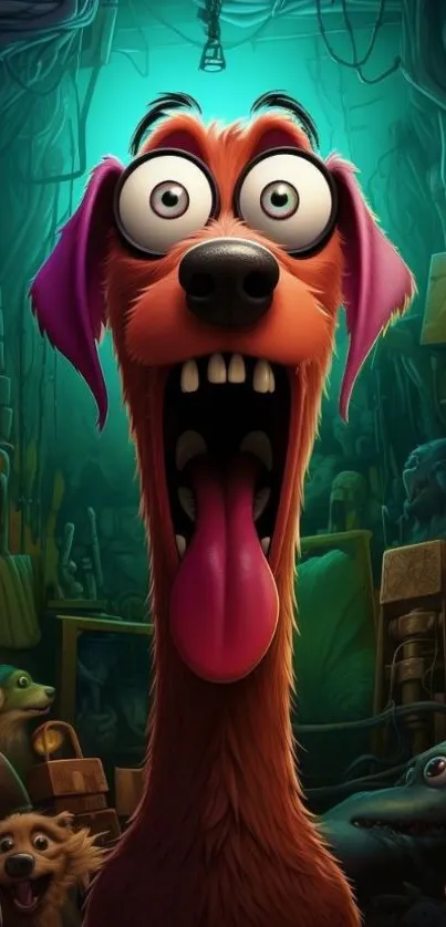 Quirky cartoon dog with exaggerated features in a colorful scene.