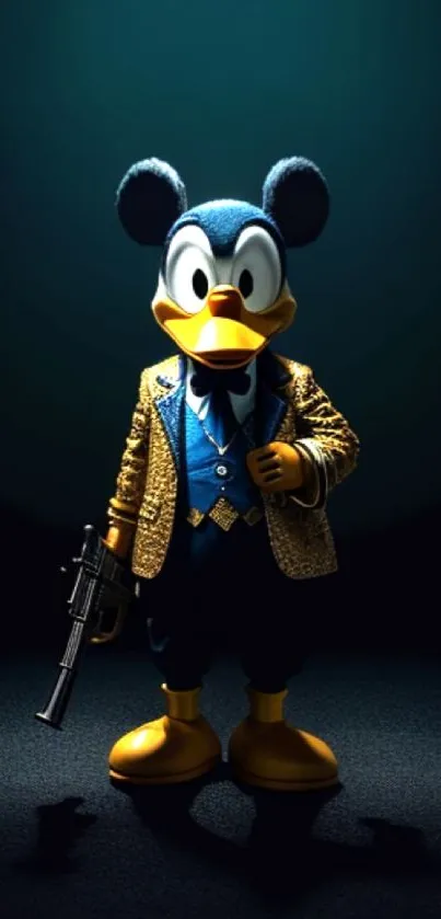 Cartoon duck in gold jacket holding a toy gun on dark blue background.