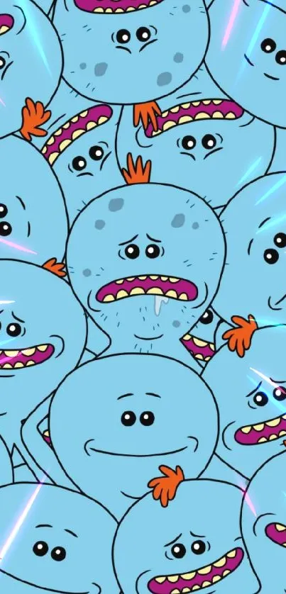 Animated wallpaper with quirky blue cartoon faces and vibrant colors.