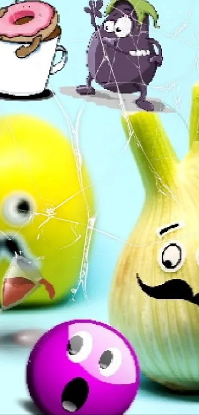 Cartoon fruit and vegetable wallpaper with funny faces on a light blue background.