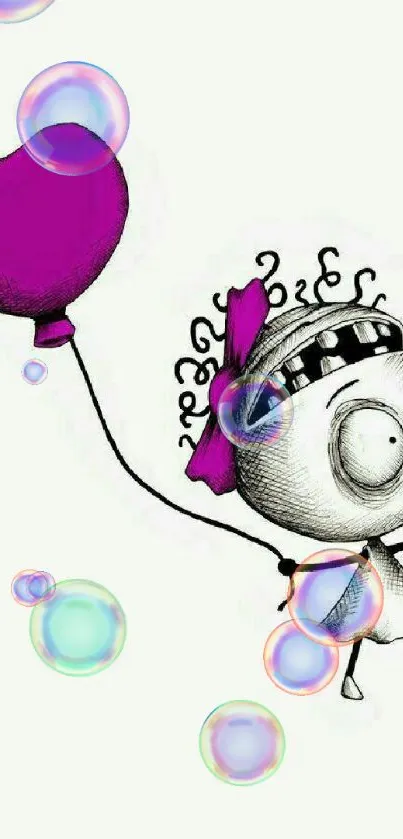 Cartoon girl with magenta heart balloon on white background.