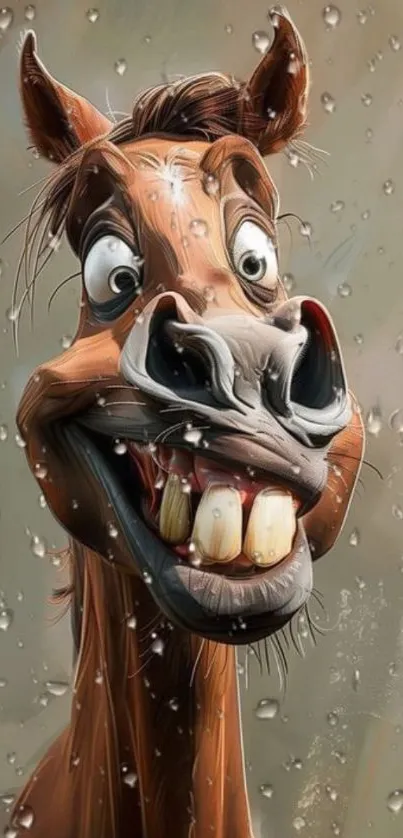 A funny cartoon horse with a big smile on raindrop background.