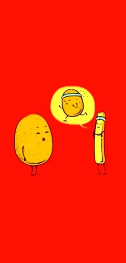 Cartoon potato and fry on red background wallpaper.