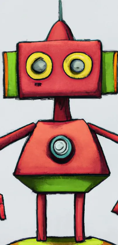 Quirky red and green cartoon robot on mobile wallpaper.