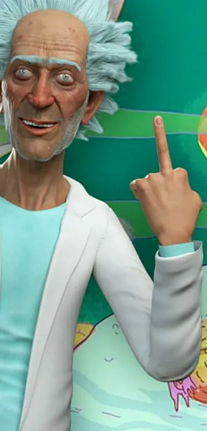 Cartoon scientist with funny expression in colorful animated background.