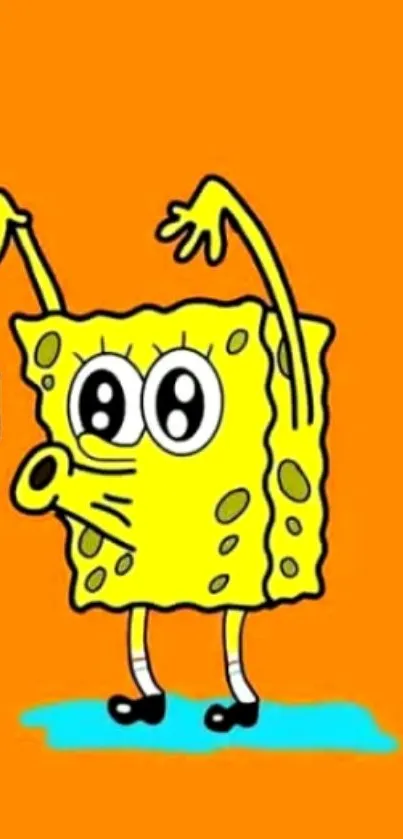 Quirky cartoon sponge character on vibrant orange background.