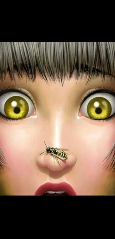Cartoon face with yellow eyes and a wasp on the nose.