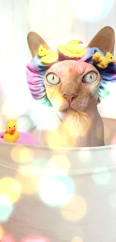 Hairless cat in bathtub with rubber duck and bokeh lights.