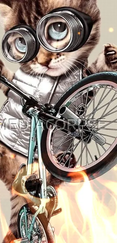 Cute cat with glasses riding a bicycle, surrounded by flames on a mobile wallpaper.