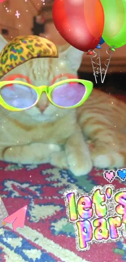 Quirky cat with party theme, sunglasses, balloons, and colorful decor.