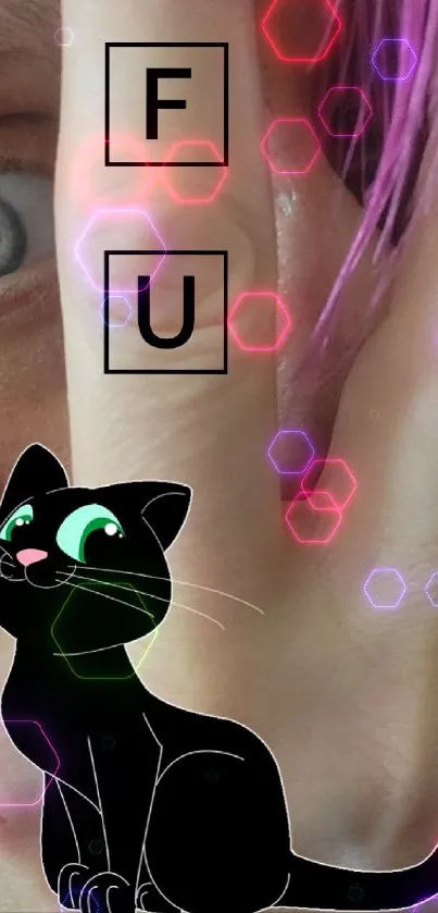 Illustrated black cat with vibrant eyes on a hand gesture background.