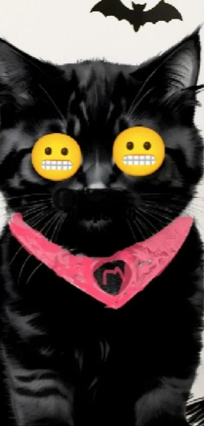 Black cat with emoji eyes and pink bandana on a spooky background.