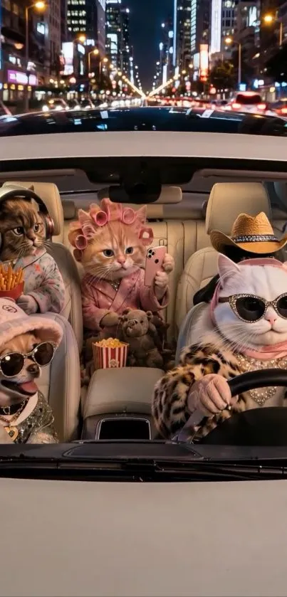 Cats driving a car at night with city lights.