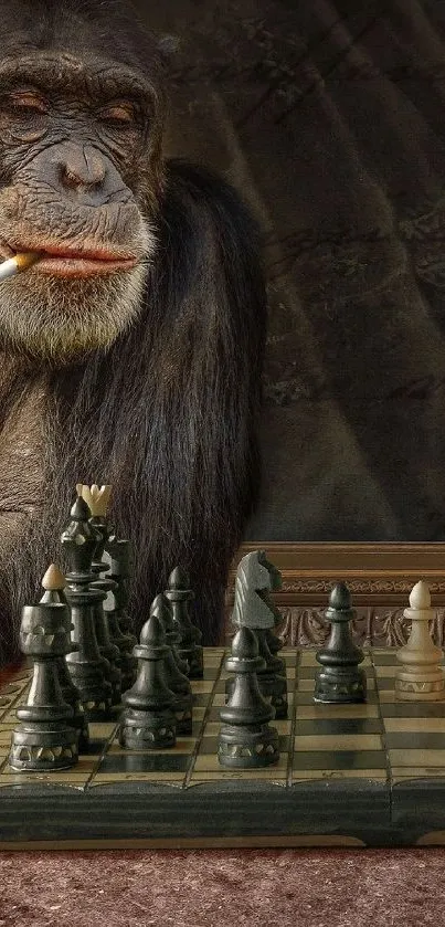 A monkey smoking while playing chess on a stylish board.