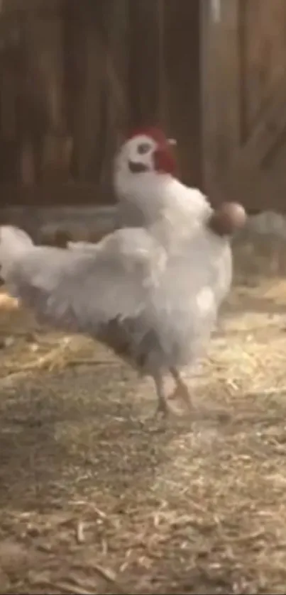 White chicken with a ball in a rustic barnyard setting.