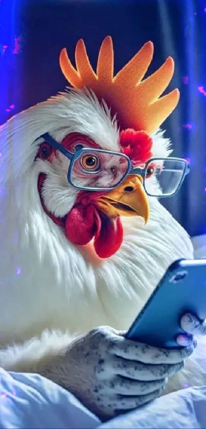 Chicken wearing glasses using smartphone, cozy and funny wallpaper.