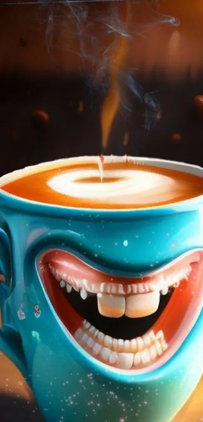 Teal coffee mug with a smiling face, steam rising from the cup.