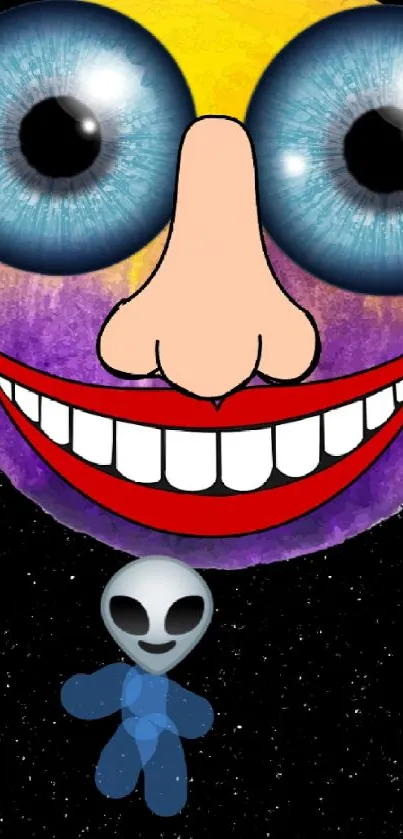 Cartoon face with cosmic theme in vibrant colors on a starry background.