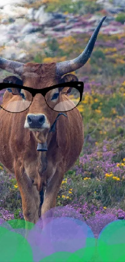 Cow wearing glasses in a colorful field with purple and green hues.