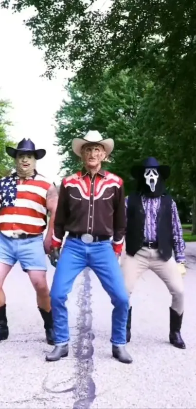 Three masked cowboys posing on a suburban street.