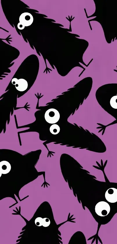 Quirky black cartoon creatures on purple background.