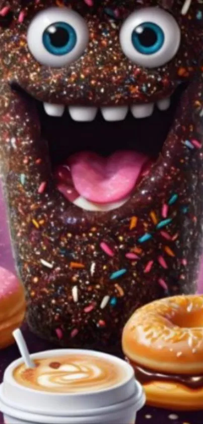 Quirky dessert-themed cartoon wallpaper with donuts and a smiling figure.