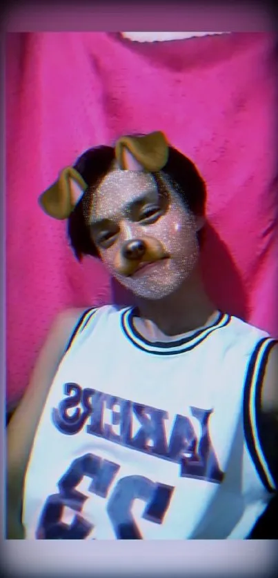 Selfie with a dog filter on a pink background.