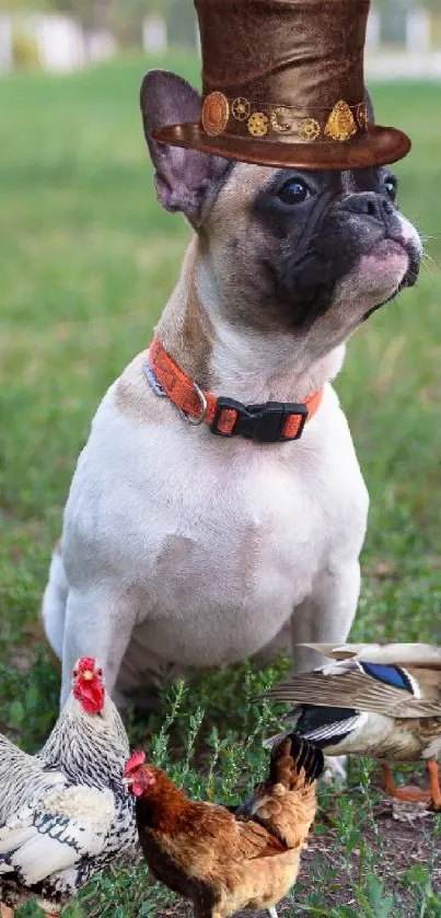 Dog in steampunk hat with chickens and duck in green grass.