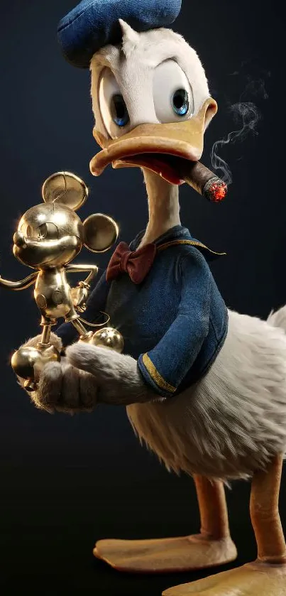 Duck holding a golden statue in a dark-themed wallpaper.