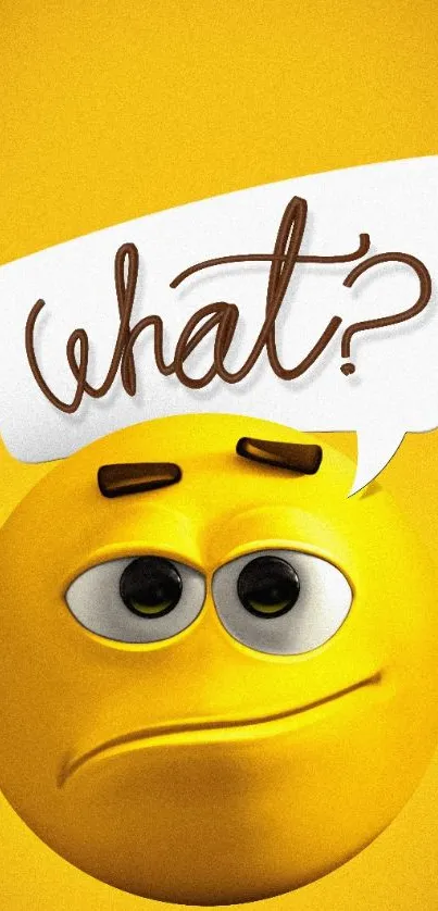 Funny yellow emoji with 'what?' text on yellow background.