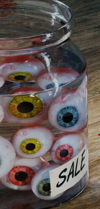 Jar filled with colorful eyeballs on sale, creating a quirky mobile wallpaper.