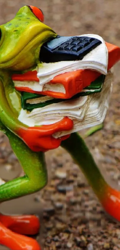 Frog figurine holding books with vibrant colors and playful design.