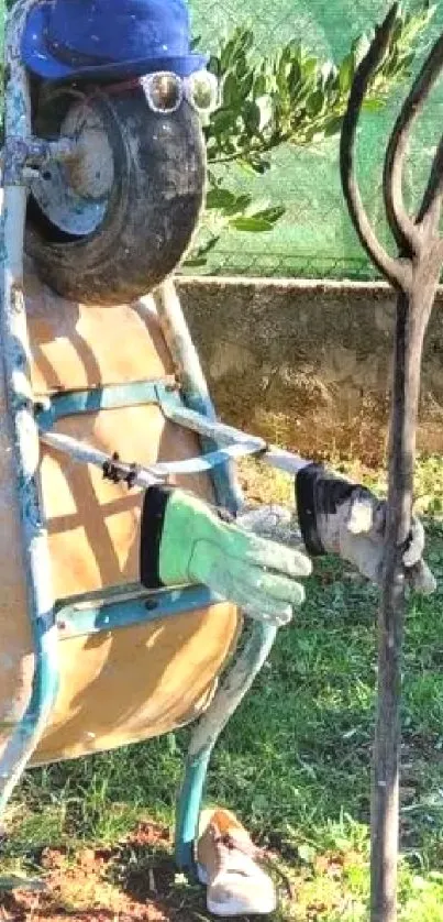 Wheelbarrow sculpture with sunglasses made of garden tools.