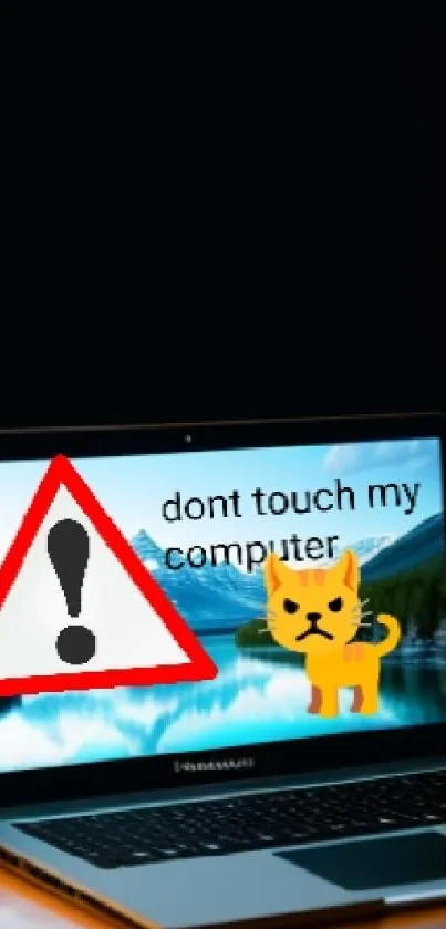 Laptop at desk with warning sign and cute cat emoji wallpaper.