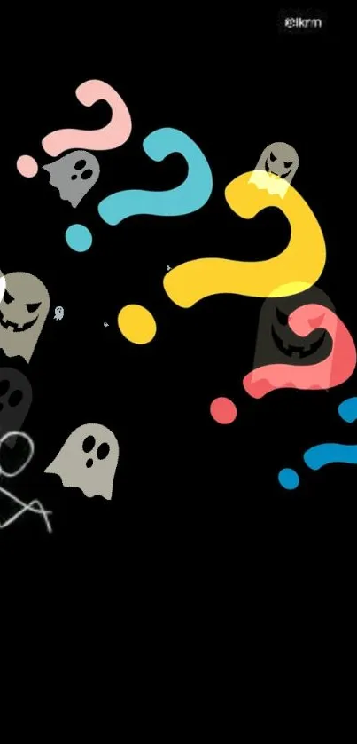 Fun black wallpaper with colorful question marks and cute ghost illustrations.