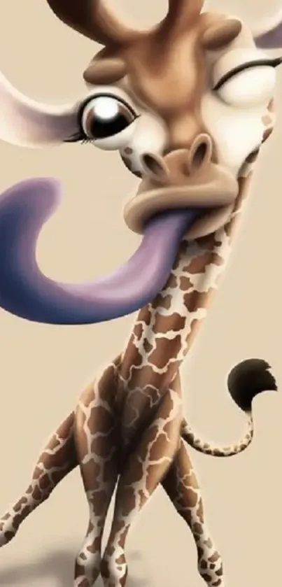 Cartoon giraffe with tongue out on beige background.