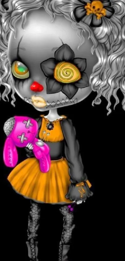 Whimsical gothic doll art with colorful accents on black background.