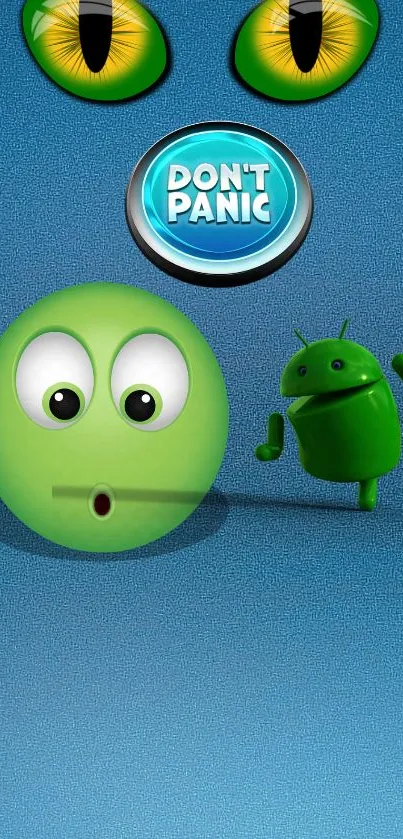 Quirky android and cartoon eyes on blue background wallpaper.