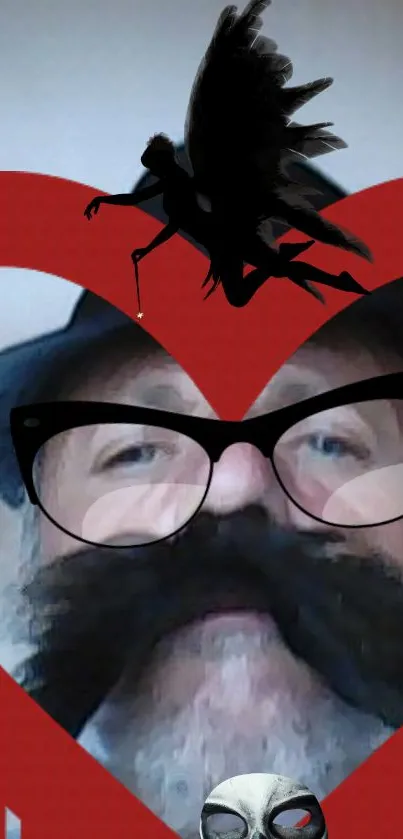 Bearded man in glasses with red heart and artistic elements.