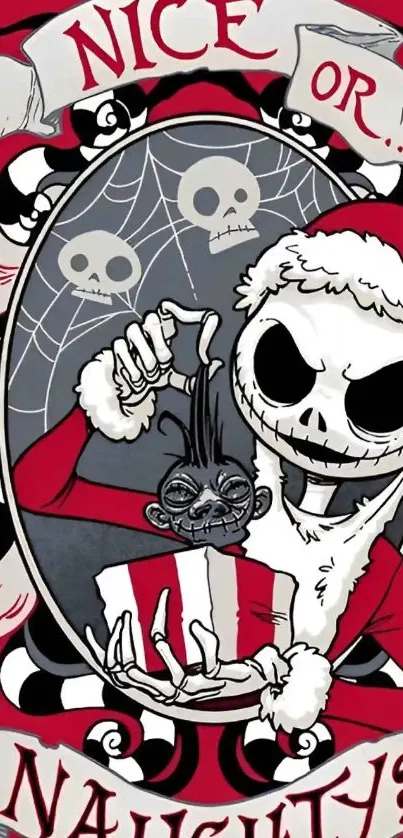 Skeleton with gift in red, black, and white festive design.