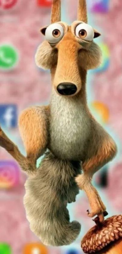 Ice Age squirrel holding an acorn with colorful app icons in the background.