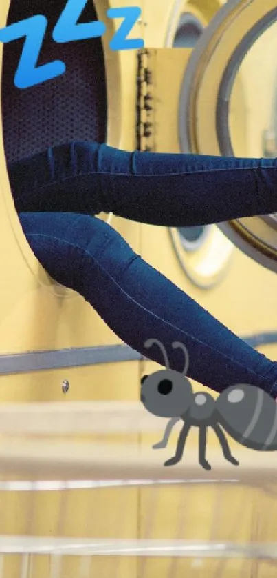 Funny mobile wallpaper with legs sticking out of a yellow washing machine and an ant graphic.