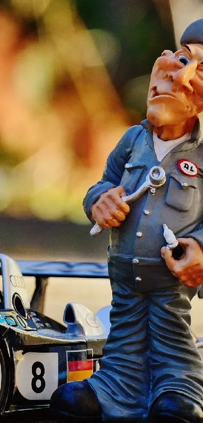 Cartoon mechanic figurine with toy car in focus.