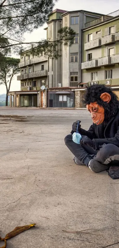 Person in monkey mask seated on urban street with buildings in background.