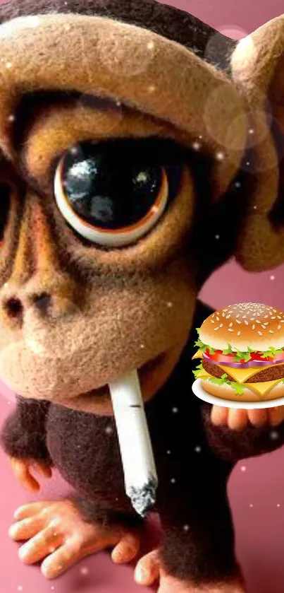 Quirky monkey holding a burger on a pink background.