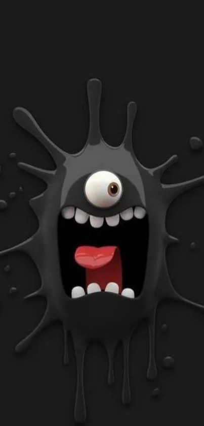 Funny cartoon monster on black splatter background.