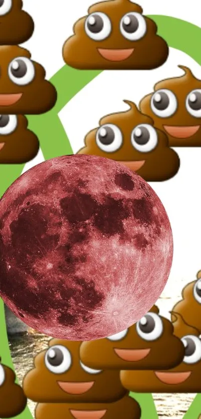 Quirky wallpaper with poop emojis and red moon design.