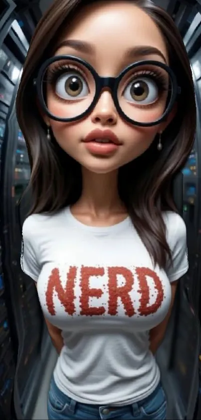 Nerd cartoon with glasses in futuristic setting.
