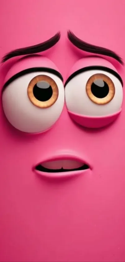 Quirky pink cartoon face with large eyes on a phone wallpaper.