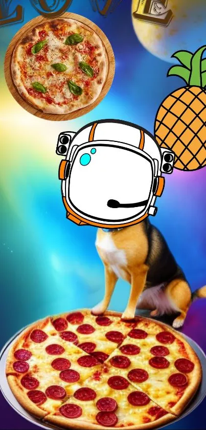 Quirky pizza dog in space-themed wallpaper with vibrant colors.